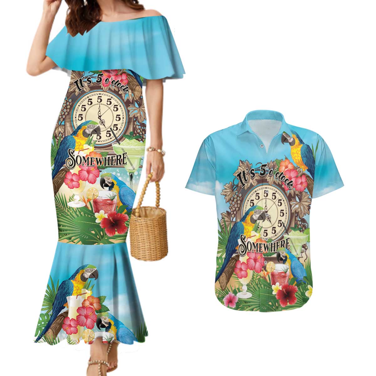 Personalized It's 5 o'clock Somewhere Couples Matching Mermaid Dress and Hawaiian Shirt Hawaiian Tropical Parrots - Wonder Print Shop