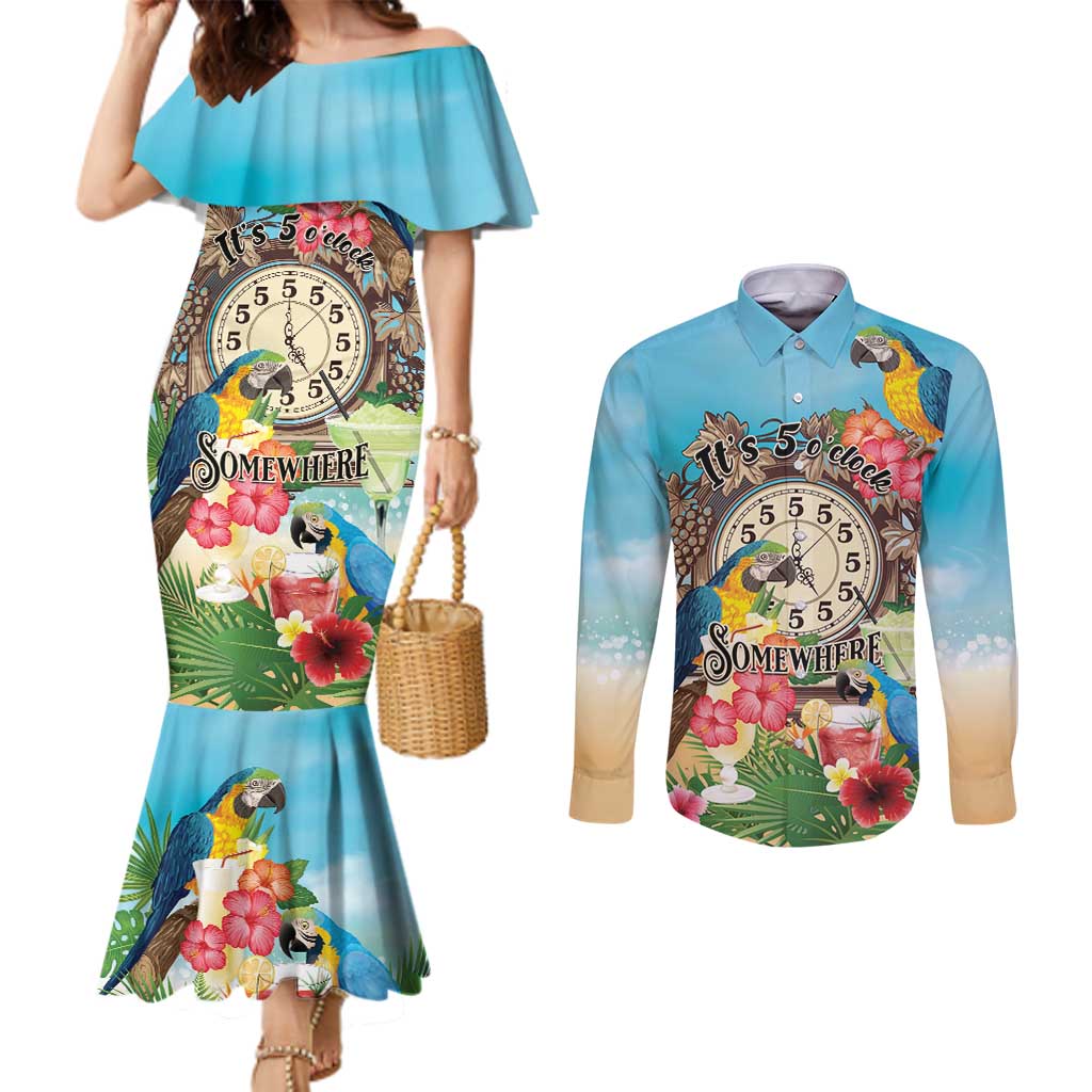 Personalized It's 5 o'clock Somewhere Couples Matching Mermaid Dress and Long Sleeve Button Shirt Hawaiian Tropical Parrots - Wonder Print Shop