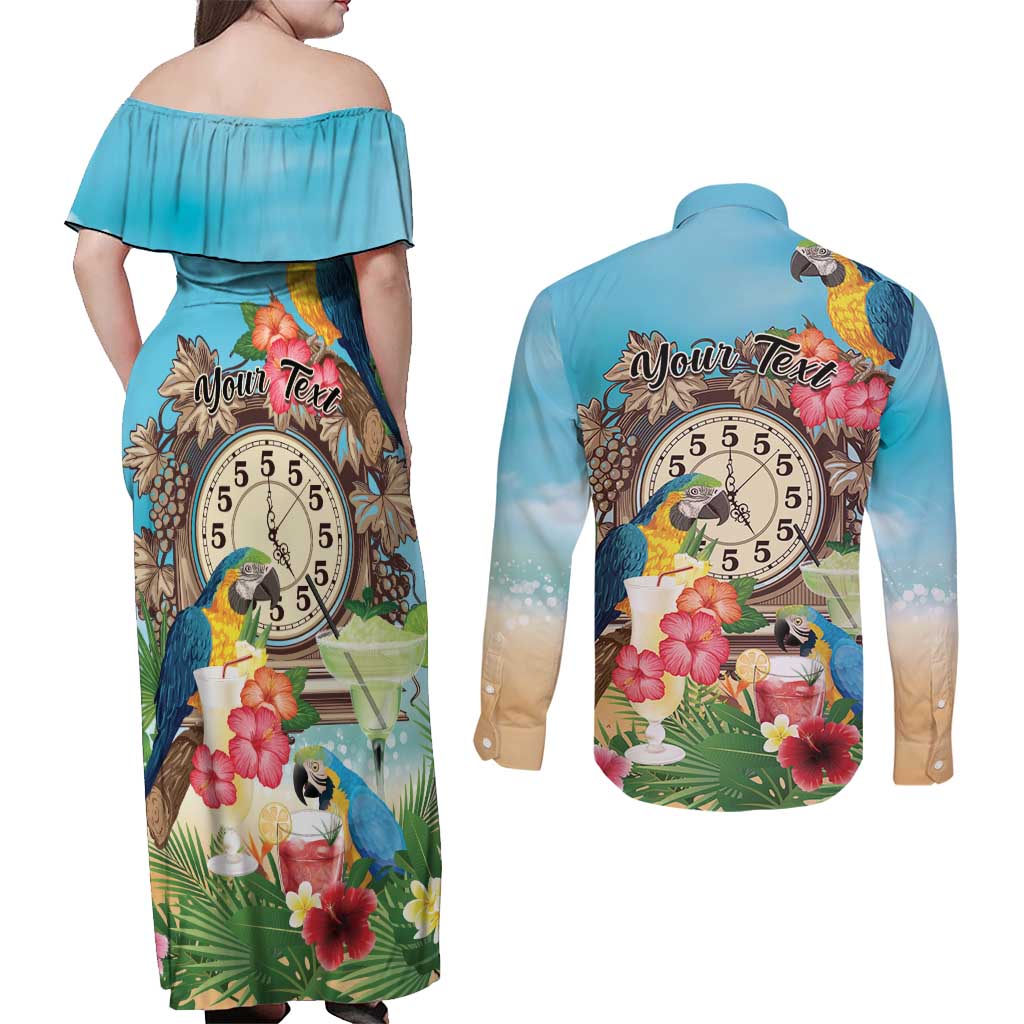 Personalized It's 5 o'clock Somewhere Couples Matching Off Shoulder Maxi Dress and Long Sleeve Button Shirt Hawaiian Tropical Parrots - Wonder Print Shop