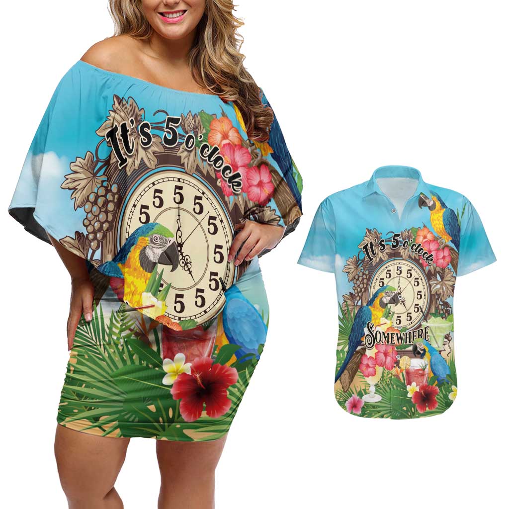 Personalized It's 5 o'clock Somewhere Couples Matching Off Shoulder Short Dress and Hawaiian Shirt Hawaiian Tropical Parrots - Wonder Print Shop
