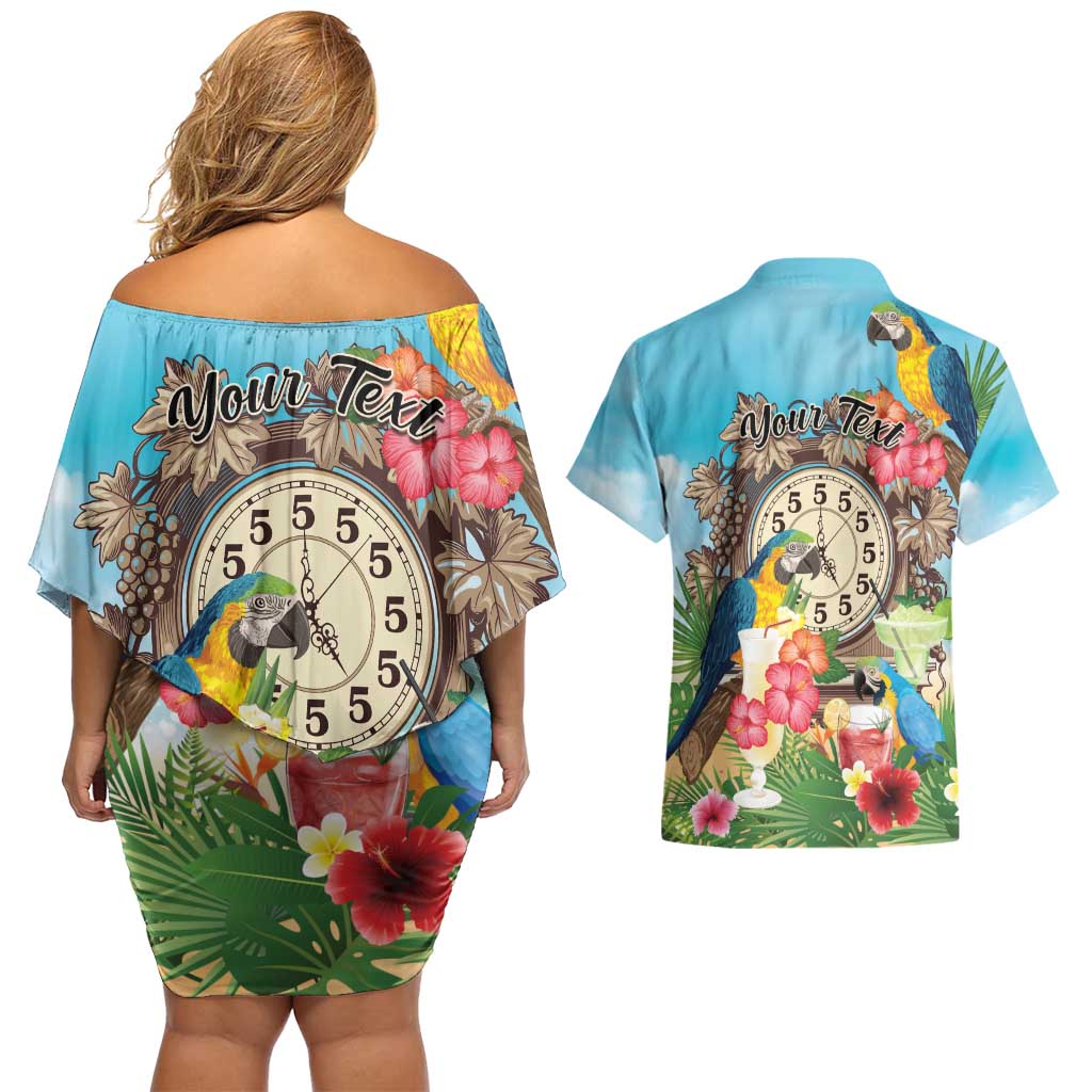 Personalized It's 5 o'clock Somewhere Couples Matching Off Shoulder Short Dress and Hawaiian Shirt Hawaiian Tropical Parrots - Wonder Print Shop