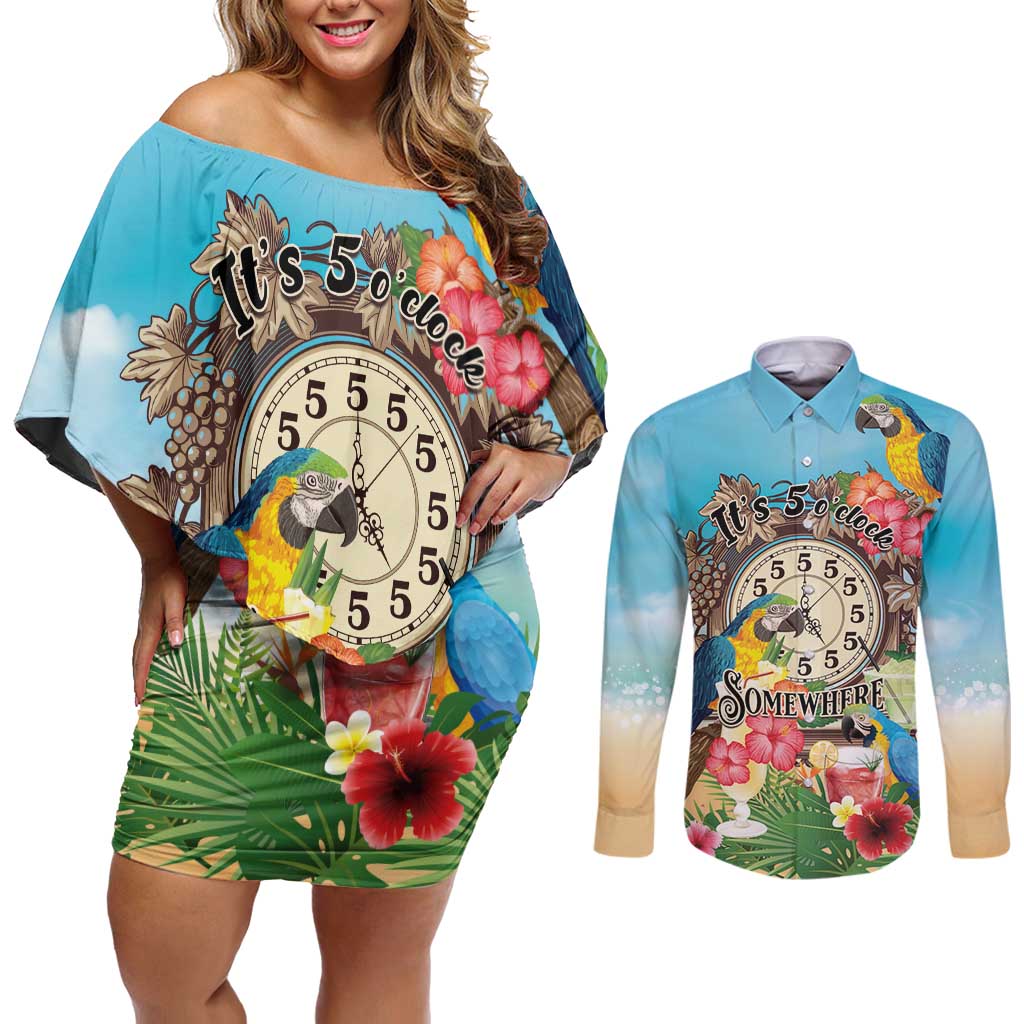 Personalized It's 5 o'clock Somewhere Couples Matching Off Shoulder Short Dress and Long Sleeve Button Shirt Hawaiian Tropical Parrots - Wonder Print Shop