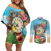 Personalized It's 5 o'clock Somewhere Couples Matching Off Shoulder Short Dress and Long Sleeve Button Shirt Hawaiian Tropical Parrots - Wonder Print Shop