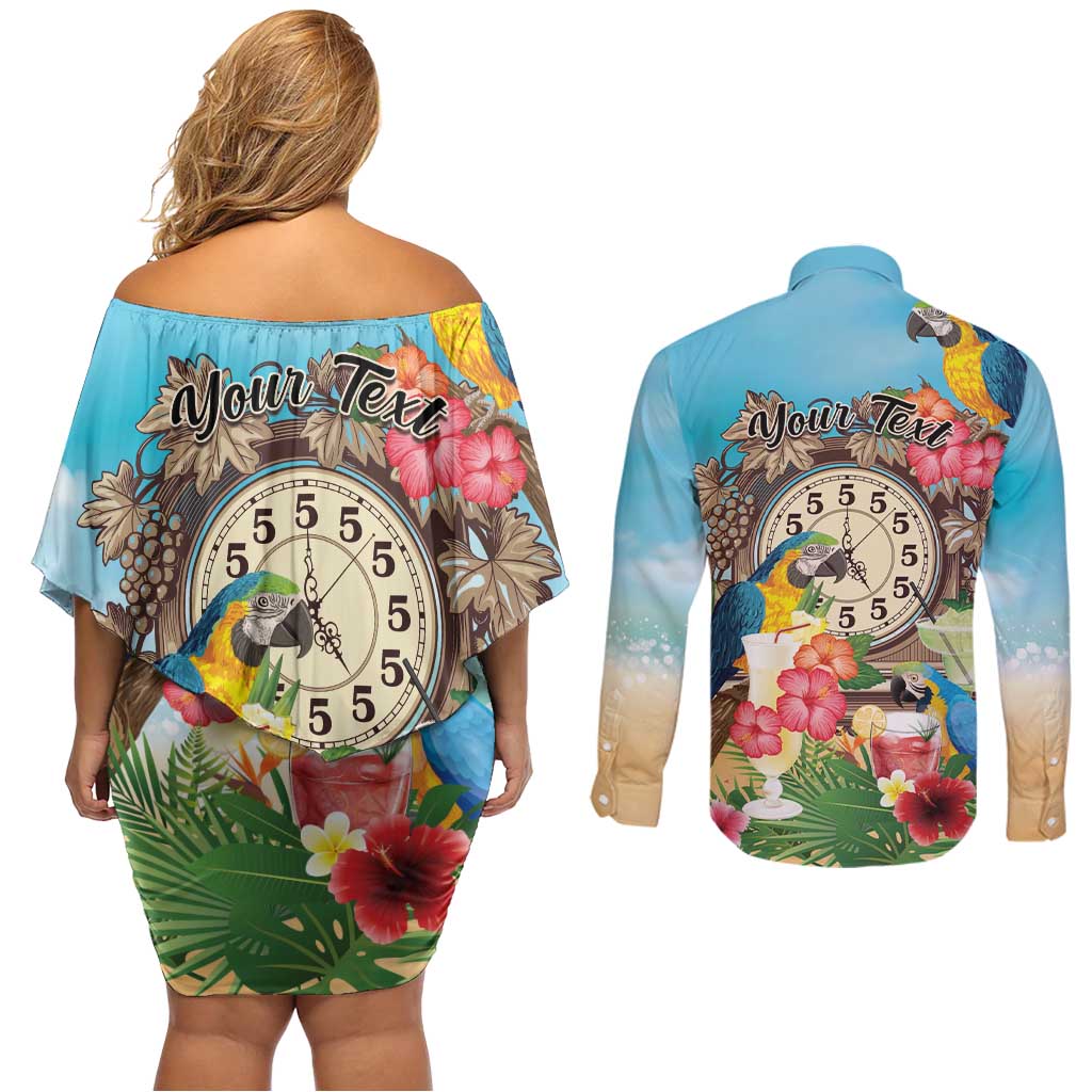 Personalized It's 5 o'clock Somewhere Couples Matching Off Shoulder Short Dress and Long Sleeve Button Shirt Hawaiian Tropical Parrots - Wonder Print Shop