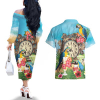 Personalized It's 5 o'clock Somewhere Couples Matching Off The Shoulder Long Sleeve Dress and Hawaiian Shirt Hawaiian Tropical Parrots - Wonder Print Shop