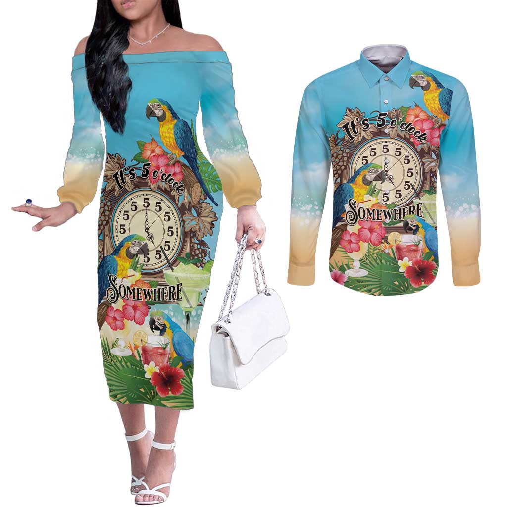 Personalized It's 5 o'clock Somewhere Couples Matching Off The Shoulder Long Sleeve Dress and Long Sleeve Button Shirt Hawaiian Tropical Parrots - Wonder Print Shop