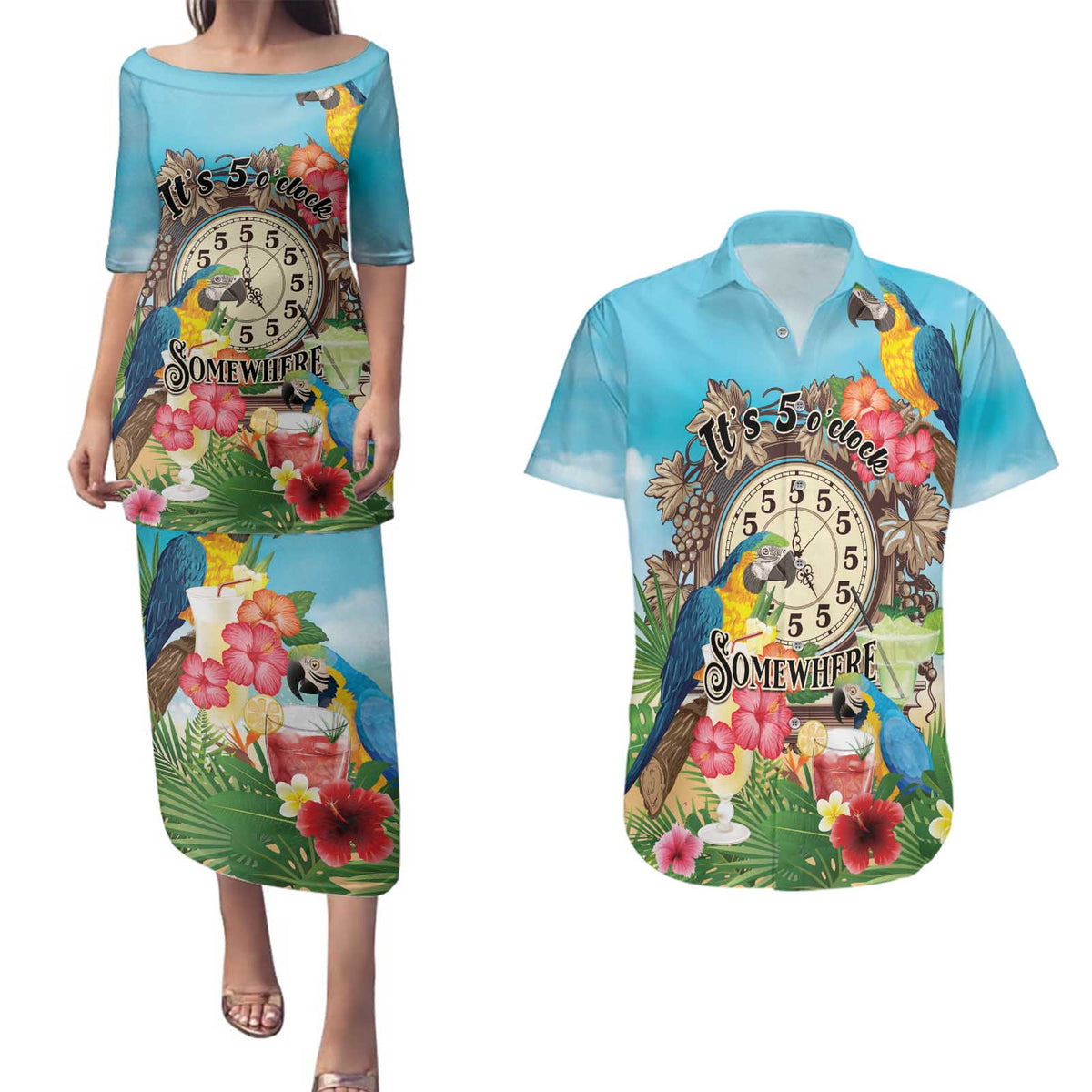 Personalized It's 5 o'clock Somewhere Couples Matching Puletasi and Hawaiian Shirt Hawaiian Tropical Parrots - Wonder Print Shop