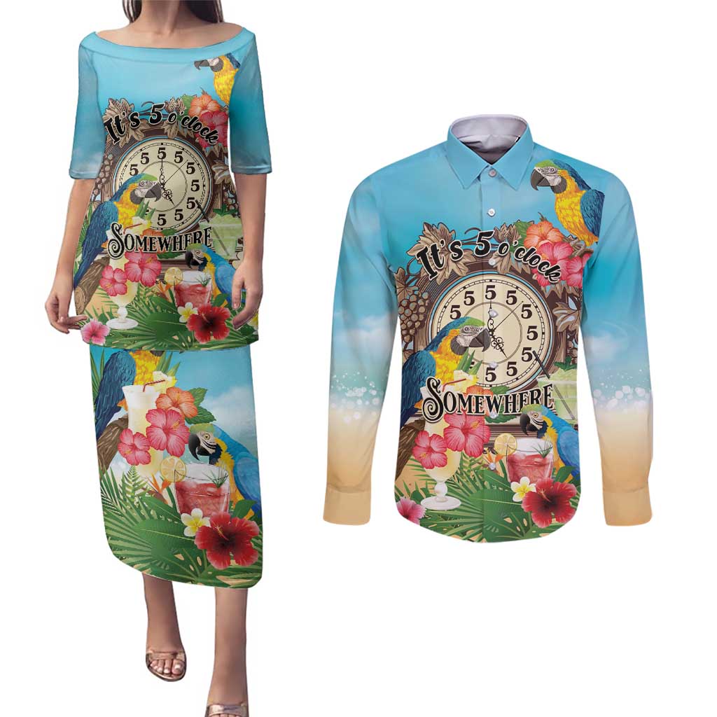 Personalized It's 5 o'clock Somewhere Couples Matching Puletasi and Long Sleeve Button Shirt Hawaiian Tropical Parrots - Wonder Print Shop