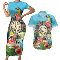Personalized It's 5 o'clock Somewhere Couples Matching Short Sleeve Bodycon Dress and Hawaiian Shirt Hawaiian Tropical Parrots - Wonder Print Shop