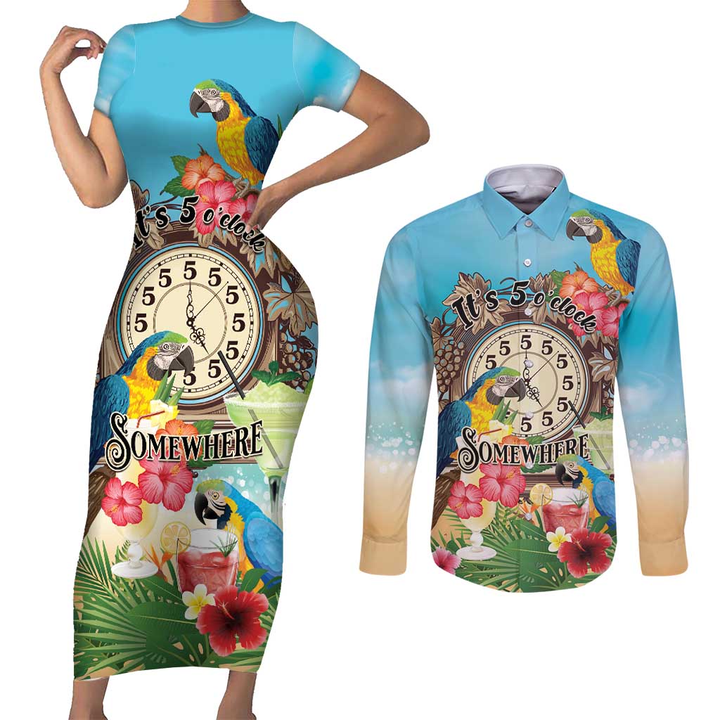Personalized It's 5 o'clock Somewhere Couples Matching Short Sleeve Bodycon Dress and Long Sleeve Button Shirt Hawaiian Tropical Parrots - Wonder Print Shop