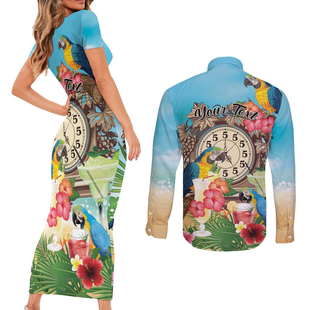Personalized It's 5 o'clock Somewhere Couples Matching Short Sleeve Bodycon Dress and Long Sleeve Button Shirt Hawaiian Tropical Parrots - Wonder Print Shop