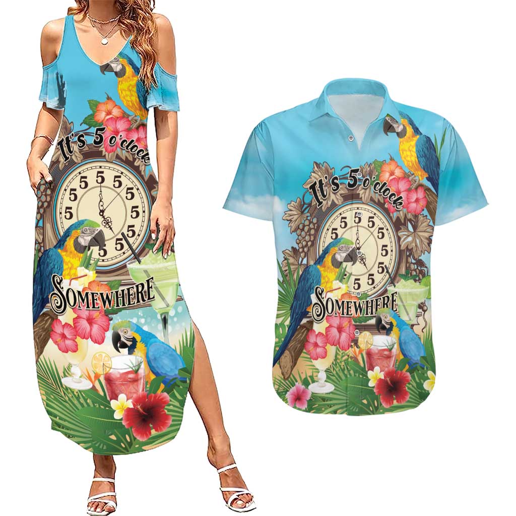 Personalized It's 5 o'clock Somewhere Couples Matching Summer Maxi Dress and Hawaiian Shirt Hawaiian Tropical Parrots - Wonder Print Shop