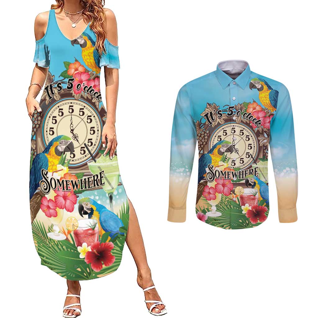 Personalized It's 5 o'clock Somewhere Couples Matching Summer Maxi Dress and Long Sleeve Button Shirt Hawaiian Tropical Parrots - Wonder Print Shop