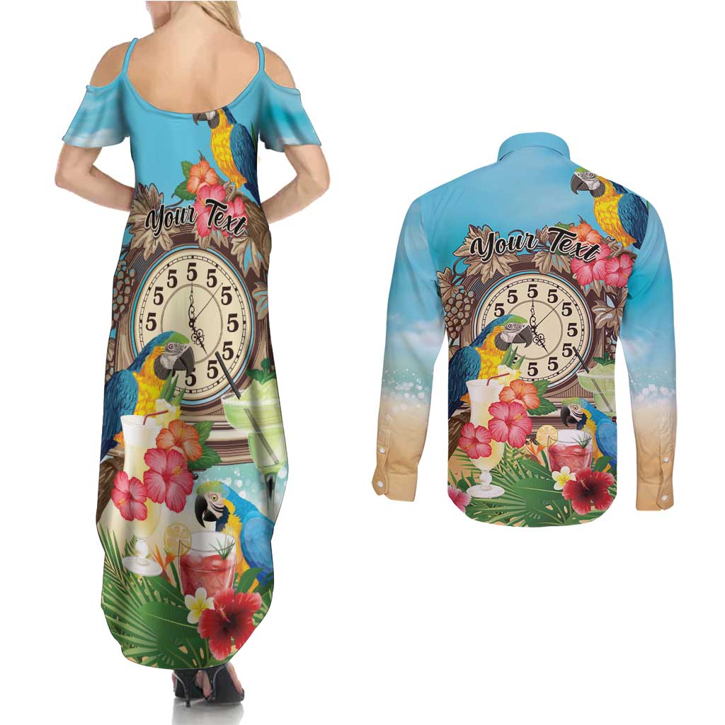 Personalized It's 5 o'clock Somewhere Couples Matching Summer Maxi Dress and Long Sleeve Button Shirt Hawaiian Tropical Parrots - Wonder Print Shop