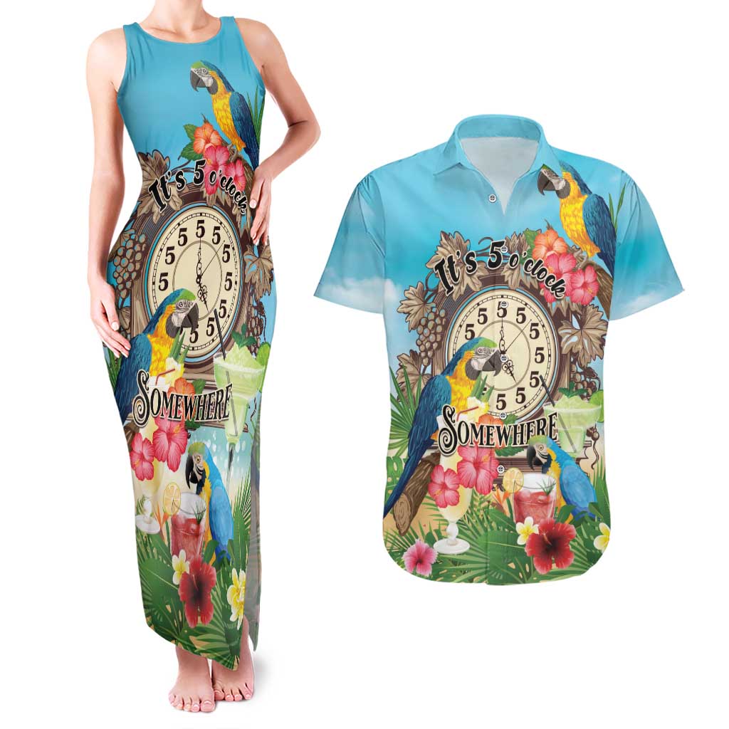 Personalized It's 5 o'clock Somewhere Couples Matching Tank Maxi Dress and Hawaiian Shirt Hawaiian Tropical Parrots - Wonder Print Shop