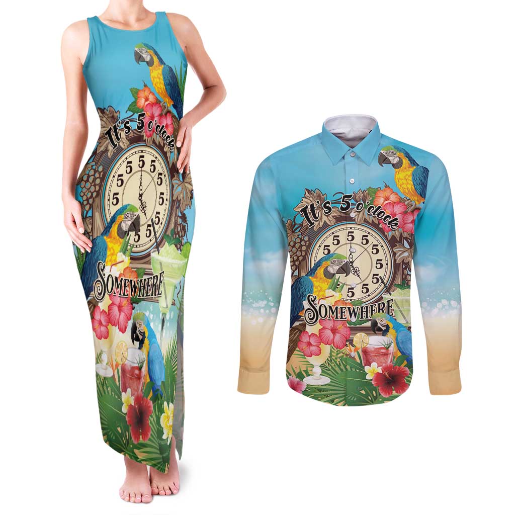Personalized It's 5 o'clock Somewhere Couples Matching Tank Maxi Dress and Long Sleeve Button Shirt Hawaiian Tropical Parrots - Wonder Print Shop