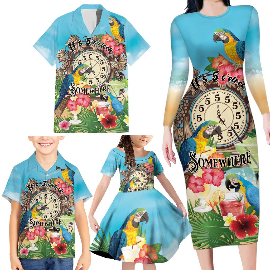 Personalized It's 5 o'clock Somewhere Family Matching Long Sleeve Bodycon Dress and Hawaiian Shirt Hawaiian Tropical Parrots - Wonder Print Shop