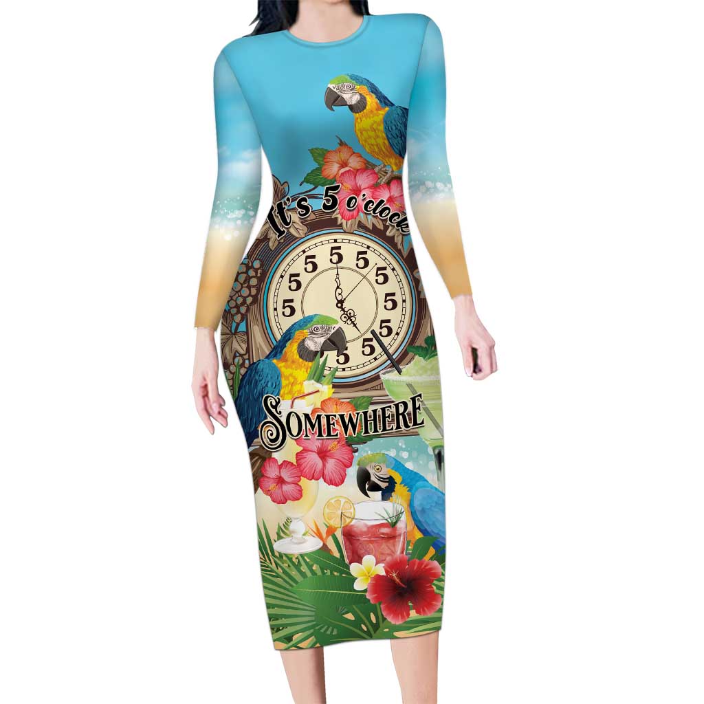 Personalized It's 5 o'clock Somewhere Family Matching Long Sleeve Bodycon Dress and Hawaiian Shirt Hawaiian Tropical Parrots - Wonder Print Shop
