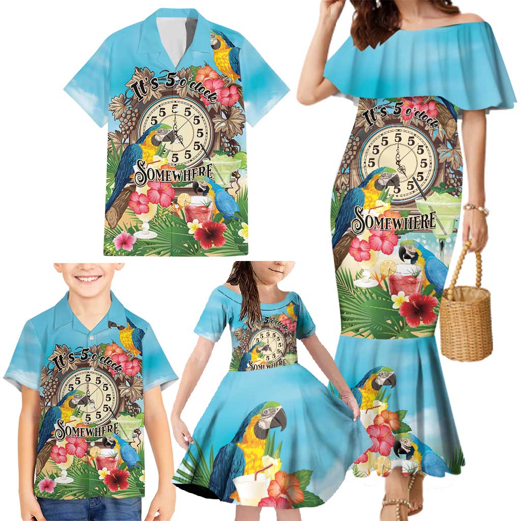 Personalized It's 5 o'clock Somewhere Family Matching Mermaid Dress and Hawaiian Shirt Hawaiian Tropical Parrots - Wonder Print Shop