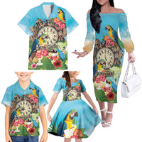Personalized It's 5 o'clock Somewhere Family Matching Off The Shoulder Long Sleeve Dress and Hawaiian Shirt Hawaiian Tropical Parrots - Wonder Print Shop