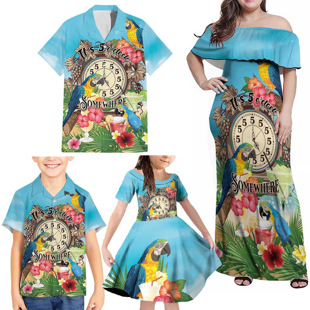 Personalized It's 5 o'clock Somewhere Family Matching Off Shoulder Maxi Dress and Hawaiian Shirt Hawaiian Tropical Parrots - Wonder Print Shop