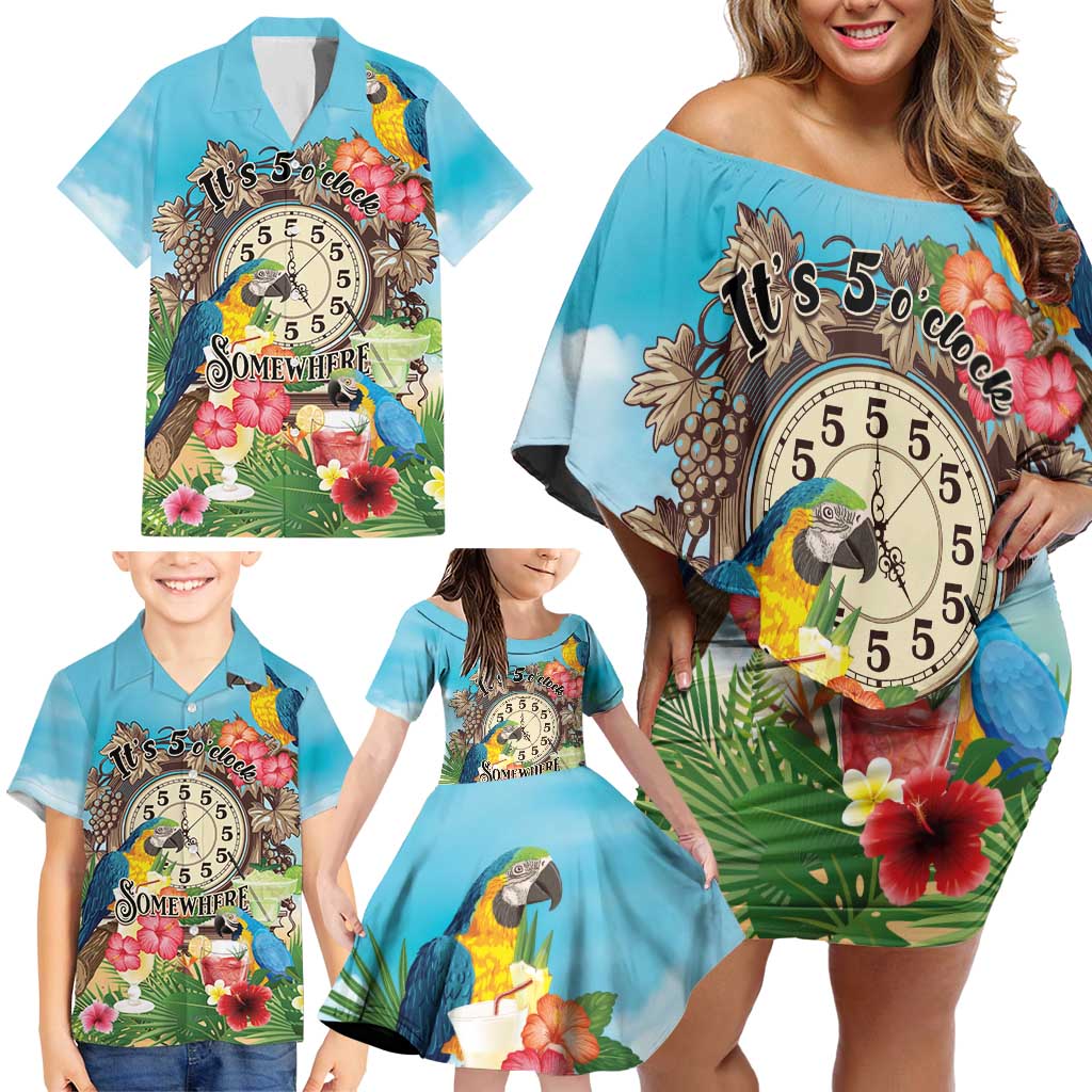 Personalized It's 5 o'clock Somewhere Family Matching Off Shoulder Short Dress and Hawaiian Shirt Hawaiian Tropical Parrots - Wonder Print Shop