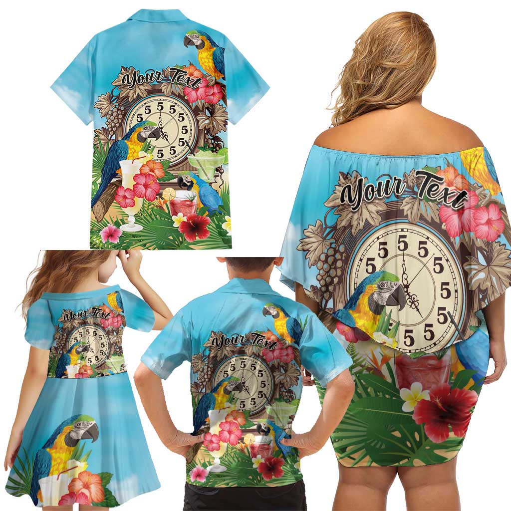 Personalized It's 5 o'clock Somewhere Family Matching Off Shoulder Short Dress and Hawaiian Shirt Hawaiian Tropical Parrots - Wonder Print Shop