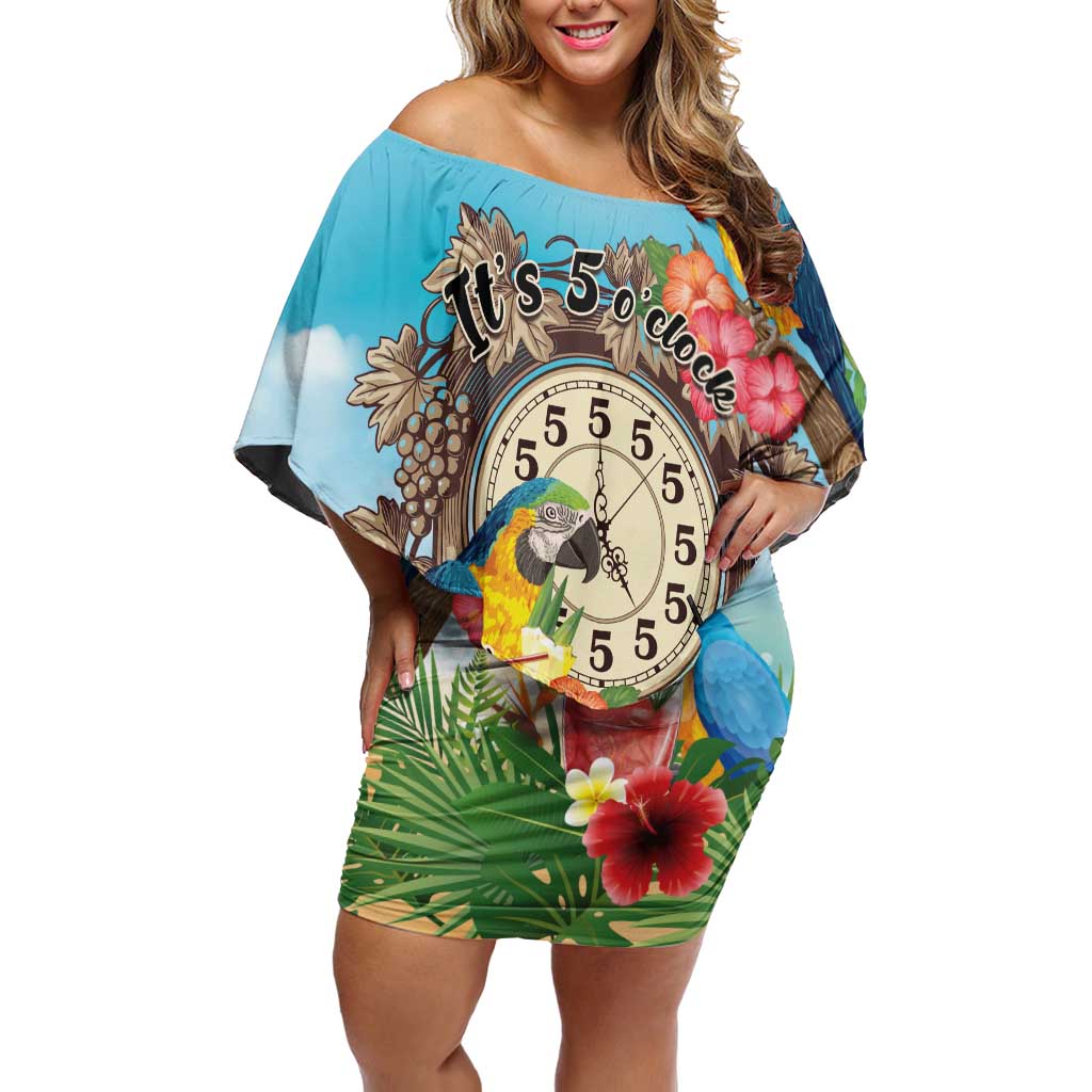 Personalized It's 5 o'clock Somewhere Family Matching Off Shoulder Short Dress and Hawaiian Shirt Hawaiian Tropical Parrots - Wonder Print Shop