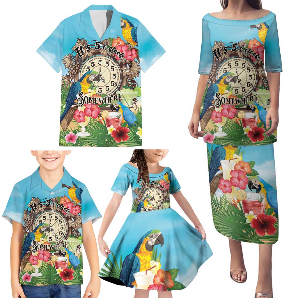 Personalized It's 5 o'clock Somewhere Family Matching Puletasi and Hawaiian Shirt Hawaiian Tropical Parrots - Wonder Print Shop