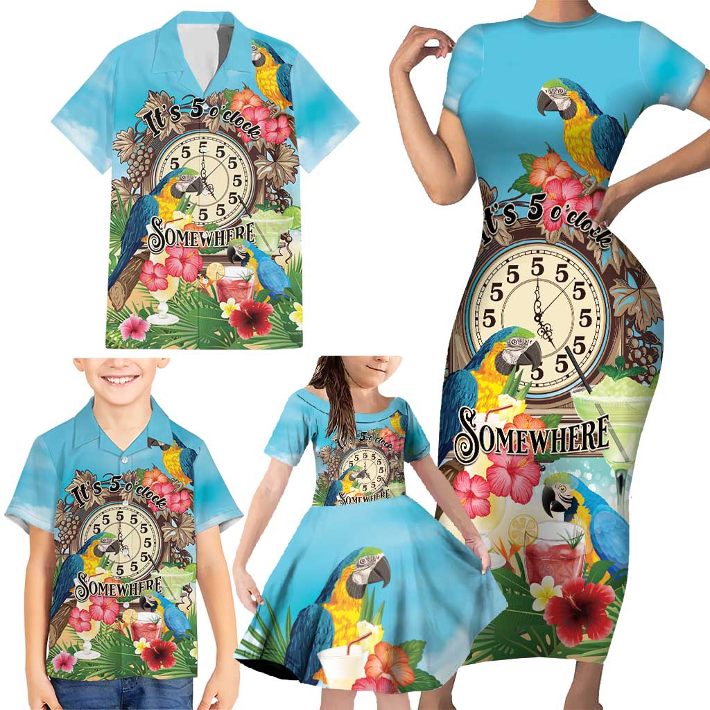 Personalized It's 5 o'clock Somewhere Family Matching Short Sleeve Bodycon Dress and Hawaiian Shirt Hawaiian Tropical Parrots - Wonder Print Shop