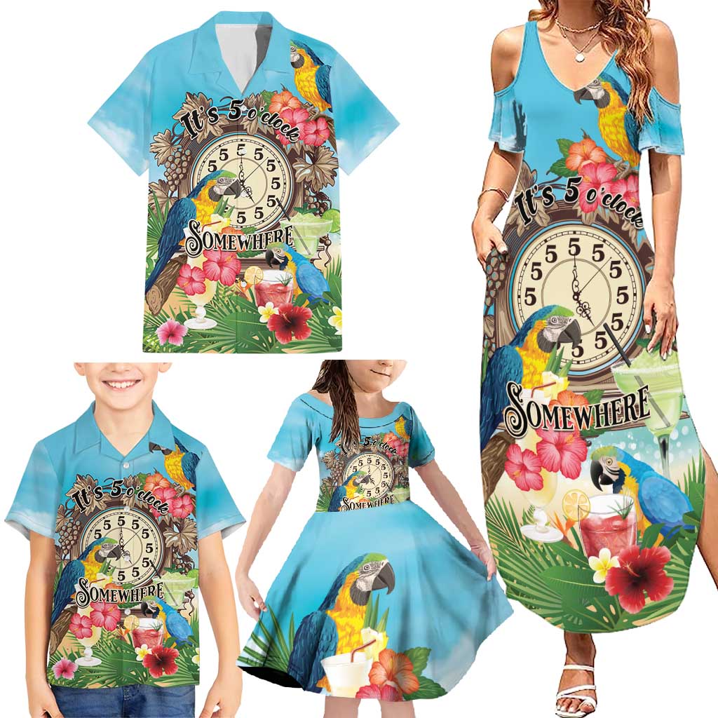 Personalized It's 5 o'clock Somewhere Family Matching Summer Maxi Dress and Hawaiian Shirt Hawaiian Tropical Parrots - Wonder Print Shop
