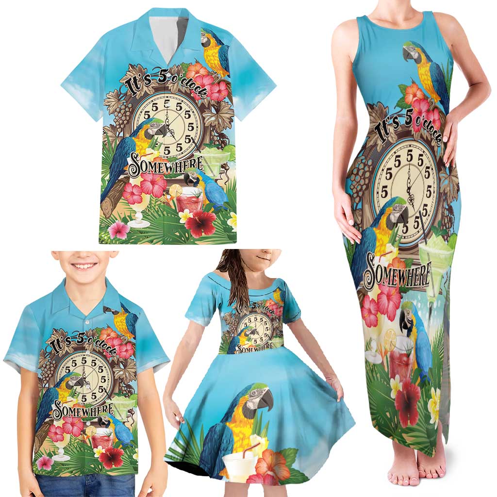 Personalized It's 5 o'clock Somewhere Family Matching Tank Maxi Dress and Hawaiian Shirt Hawaiian Tropical Parrots - Wonder Print Shop