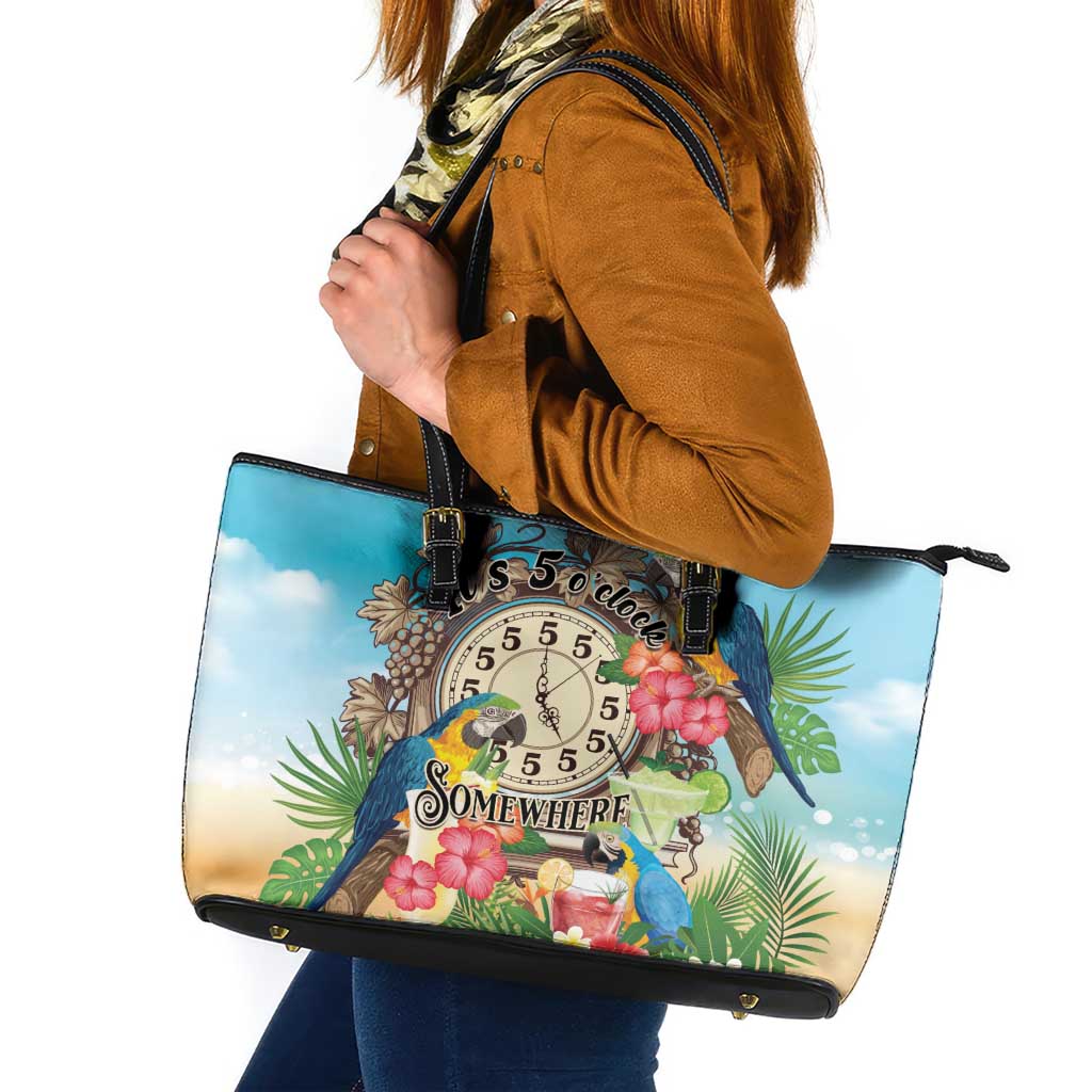 It's 5 o'clock Somewhere Leather Tote Bag Hawaiian Tropical Parrots - Wonder Print Shop