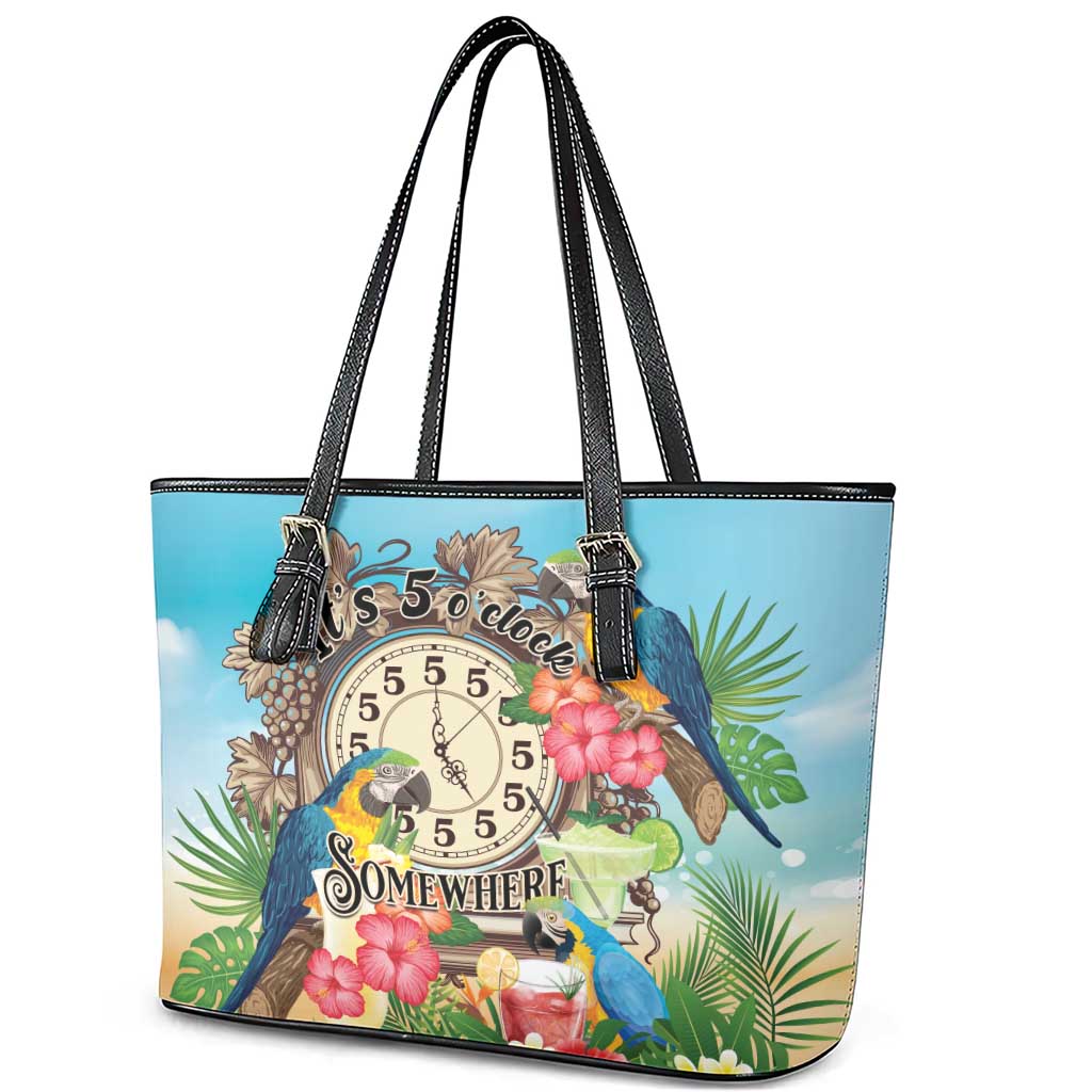 It's 5 o'clock Somewhere Leather Tote Bag Hawaiian Tropical Parrots - Wonder Print Shop