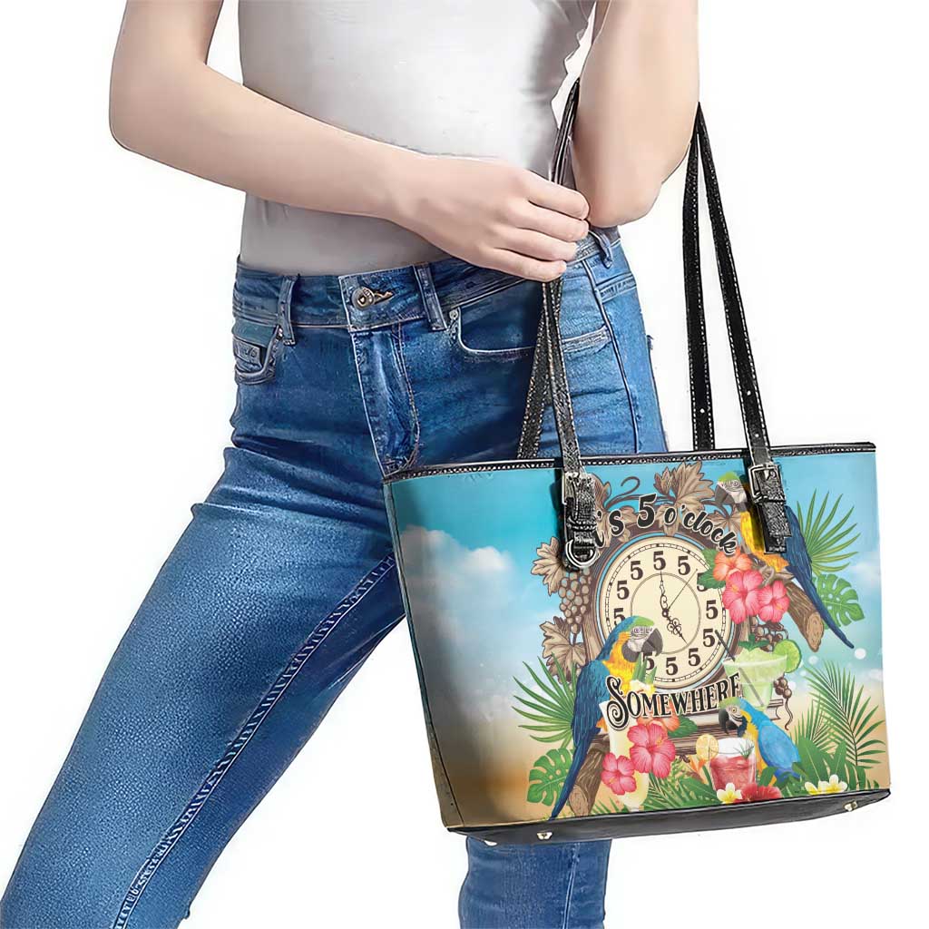 It's 5 o'clock Somewhere Leather Tote Bag Hawaiian Tropical Parrots - Wonder Print Shop