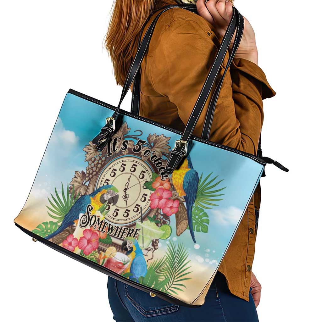 It's 5 o'clock Somewhere Leather Tote Bag Hawaiian Tropical Parrots - Wonder Print Shop