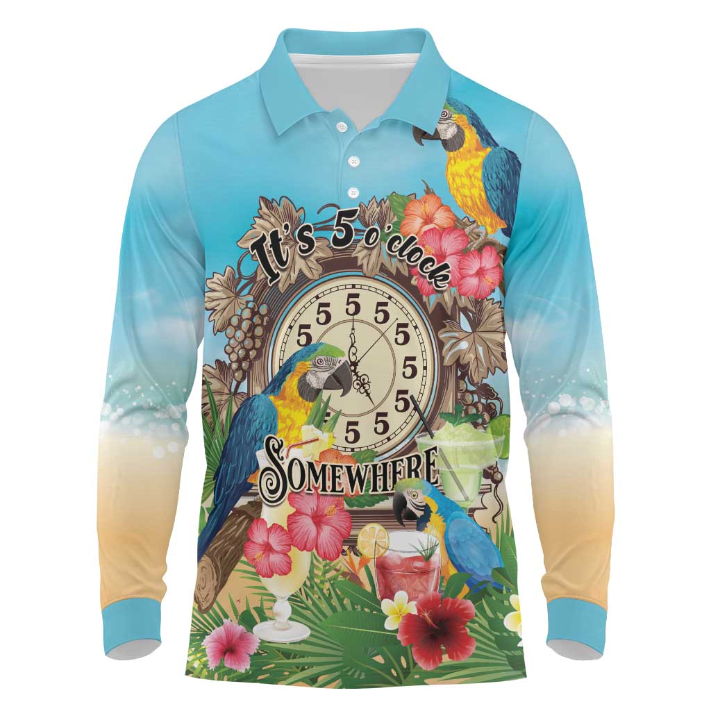 Personalized It's 5 o'clock Somewhere Long Sleeve Polo Shirt Hawaiian Tropical Parrots - Wonder Print Shop