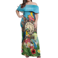 Personalized It's 5 o'clock Somewhere Off Shoulder Maxi Dress Hawaiian Tropical Parrots - Wonder Print Shop