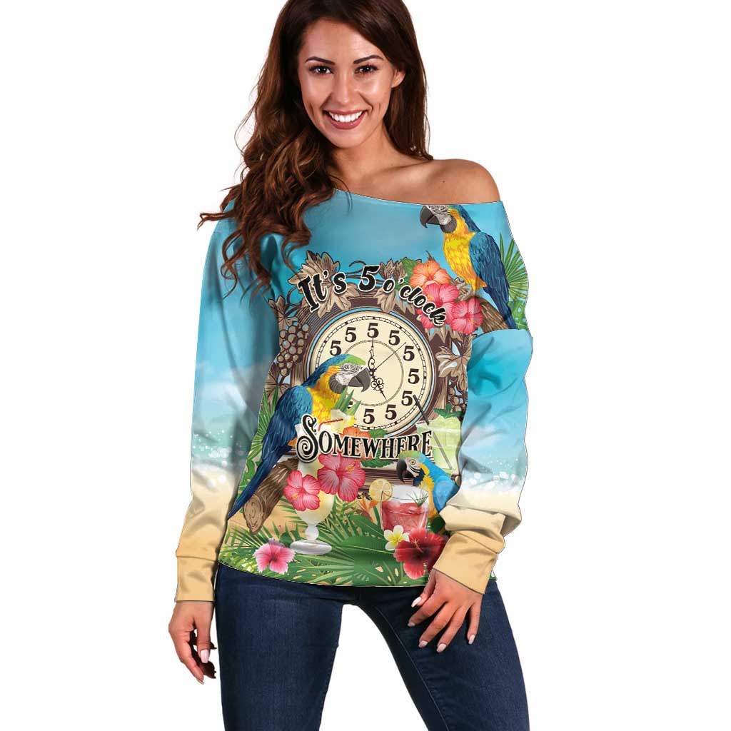 Personalized It's 5 o'clock Somewhere Off Shoulder Sweater Hawaiian Tropical Parrots - Wonder Print Shop