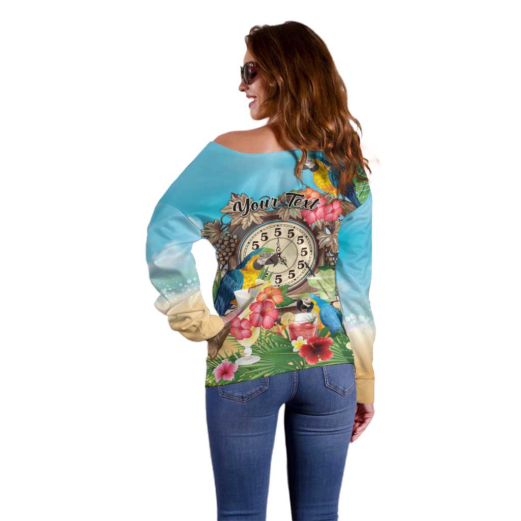 Personalized It's 5 o'clock Somewhere Off Shoulder Sweater Hawaiian Tropical Parrots - Wonder Print Shop