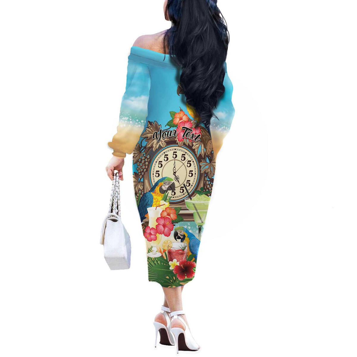 Personalized It's 5 o'clock Somewhere Off The Shoulder Long Sleeve Dress Hawaiian Tropical Parrots - Wonder Print Shop