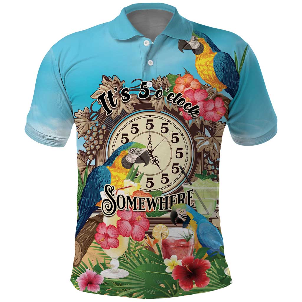 Personalized It's 5 o'clock Somewhere Polo Shirt Hawaiian Tropical Parrots - Wonder Print Shop