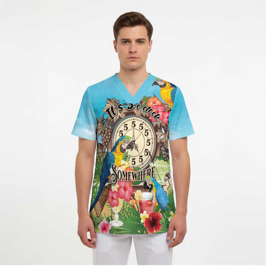 Personalized It's 5 o'clock Somewhere Scrub Top Hawaiian Tropical Parrots - Wonder Print Shop