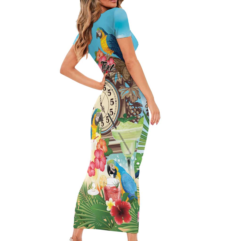 Personalized It's 5 o'clock Somewhere Short Sleeve Bodycon Dress Hawaiian Tropical Parrots - Wonder Print Shop
