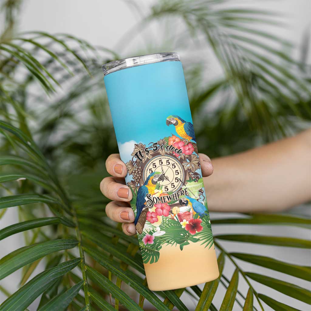 Personalized It's 5 o'clock Somewhere Skinny Tumbler Hawaiian Tropical Parrots - Wonder Print Shop