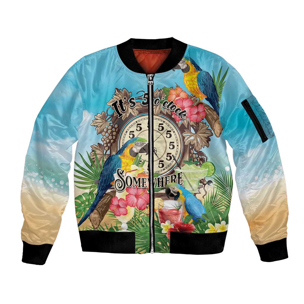 Personalized It's 5 o'clock Somewhere Sleeve Zip Bomber Jacket Hawaiian Tropical Parrots - Wonder Print Shop
