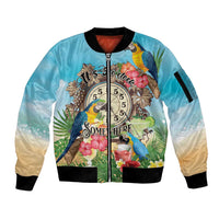 Personalized It's 5 o'clock Somewhere Sleeve Zip Bomber Jacket Hawaiian Tropical Parrots - Wonder Print Shop