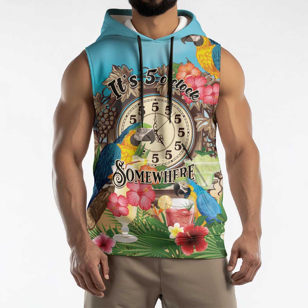 Personalized It's 5 o'clock Somewhere Sleeveless Hoodie Hawaiian Tropical Parrots - Wonder Print Shop