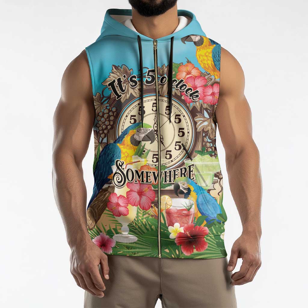 Personalized It's 5 o'clock Somewhere Sleeveless Zip Hoodie Hawaiian Tropical Parrots - Wonder Print Shop