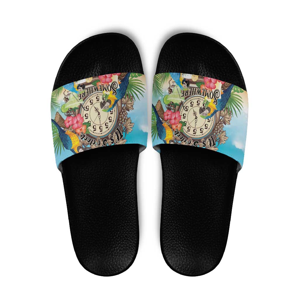 It's 5 o'clock Somewhere Slide Sandals Hawaiian Tropical Parrots - Wonder Print Shop
